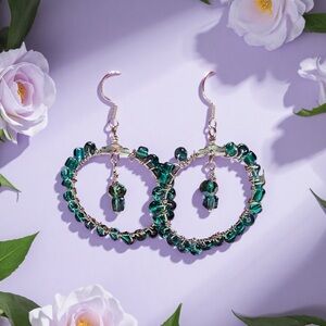 Hand Crafted Emerald Green Beaded Hoop Earrings - Women Jewelry